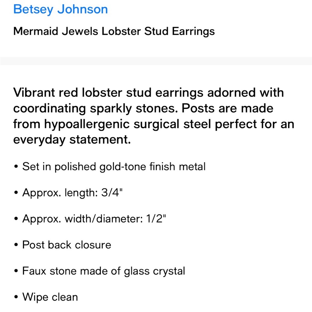 BETSEY JOHNSON Mermaid Jewels LOBSTER Stud Earrings *NWT* - Picture 7 of 7